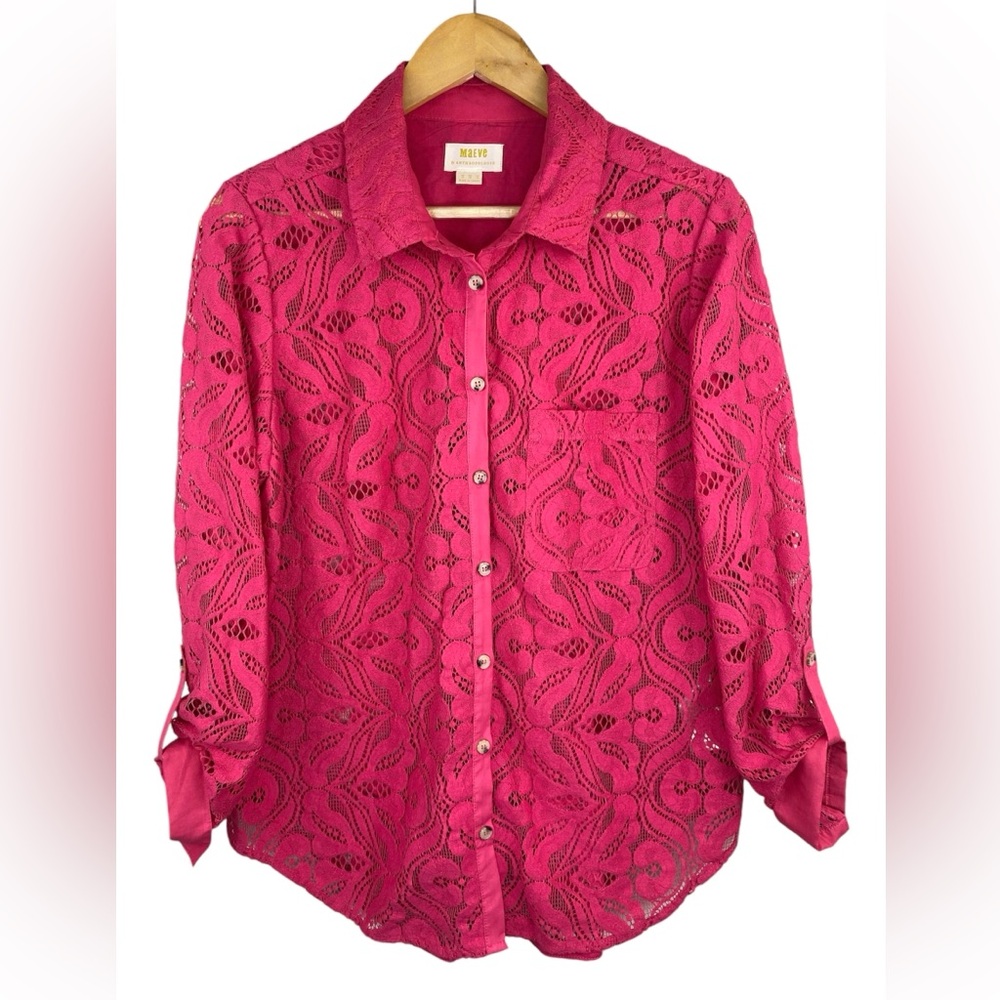 MAEVE by ANTHROPOLOGIE  Lace Boho Slim Buttondown Shirt in Pink Size 12 - Picture 4 of 14